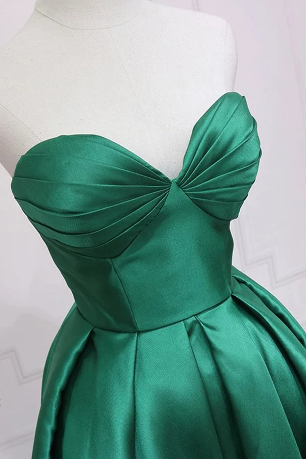 Wholesale Green Satin High Low Prom Dress Cute Sweetheart Neck Evening Party Dress